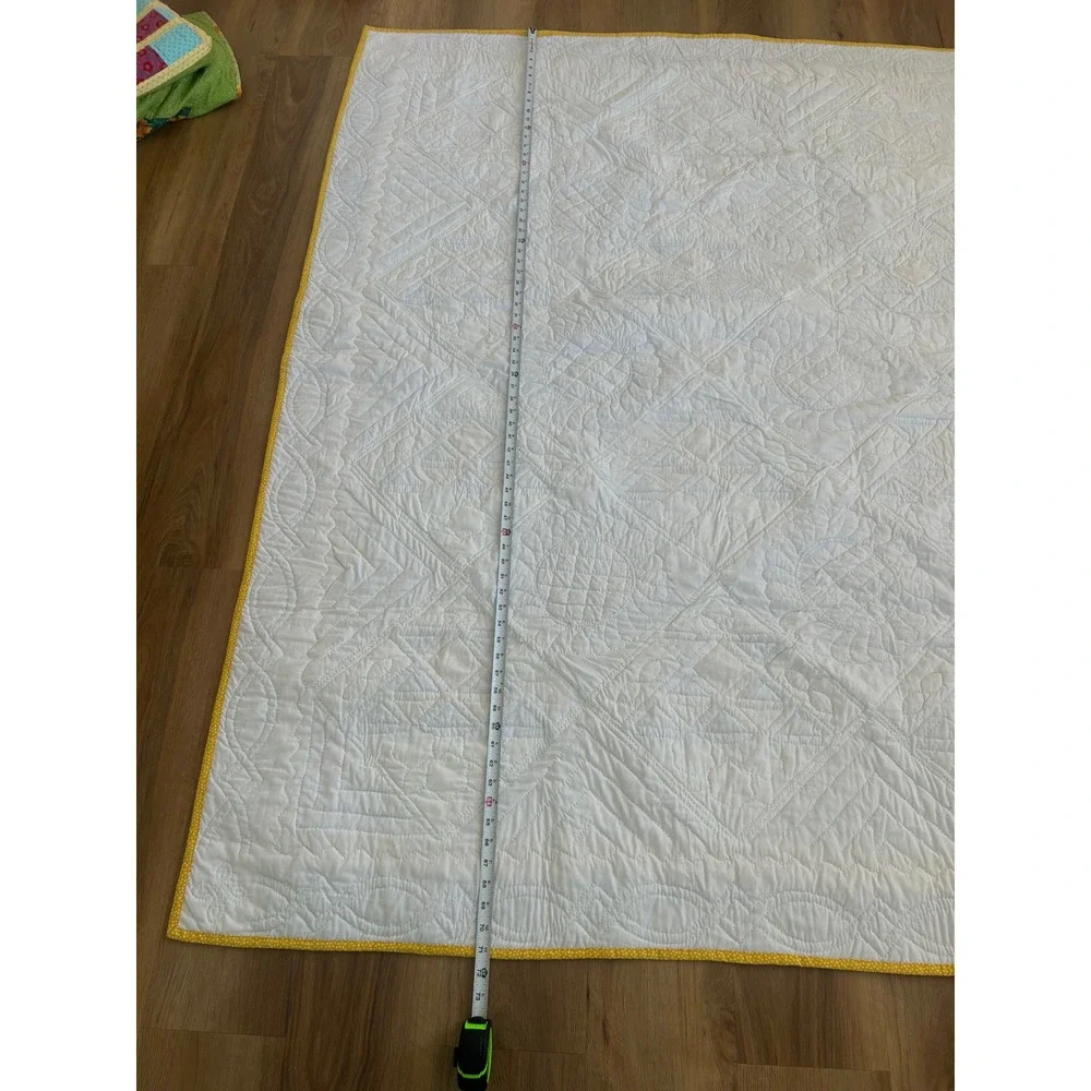 Vintage Handmade‎ Granny Quilt embroidered Floral Blue Yellow Patchwork 72x53